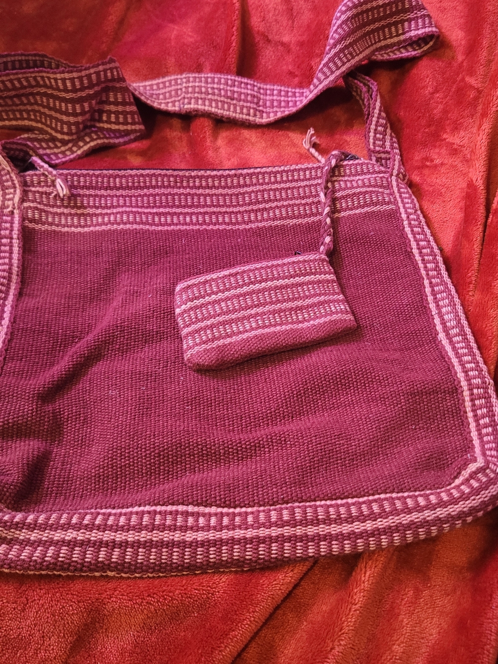 Vintage Handwoven Maroon Crossbody Shoulder Bag with Pouch Boho Gypsy Hippe chic